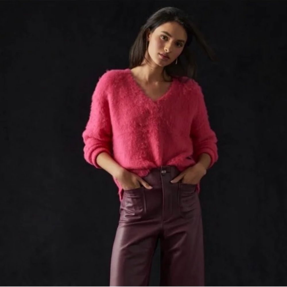 Anthropologie Maeve Hot Pink Teddy V-Neck Sweater